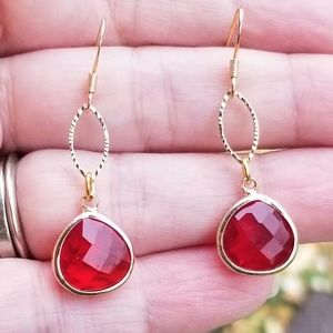 18k Gold Garnet Earrings Gold Dangle Earrings Siam Garnet Earrings Red Gemstone